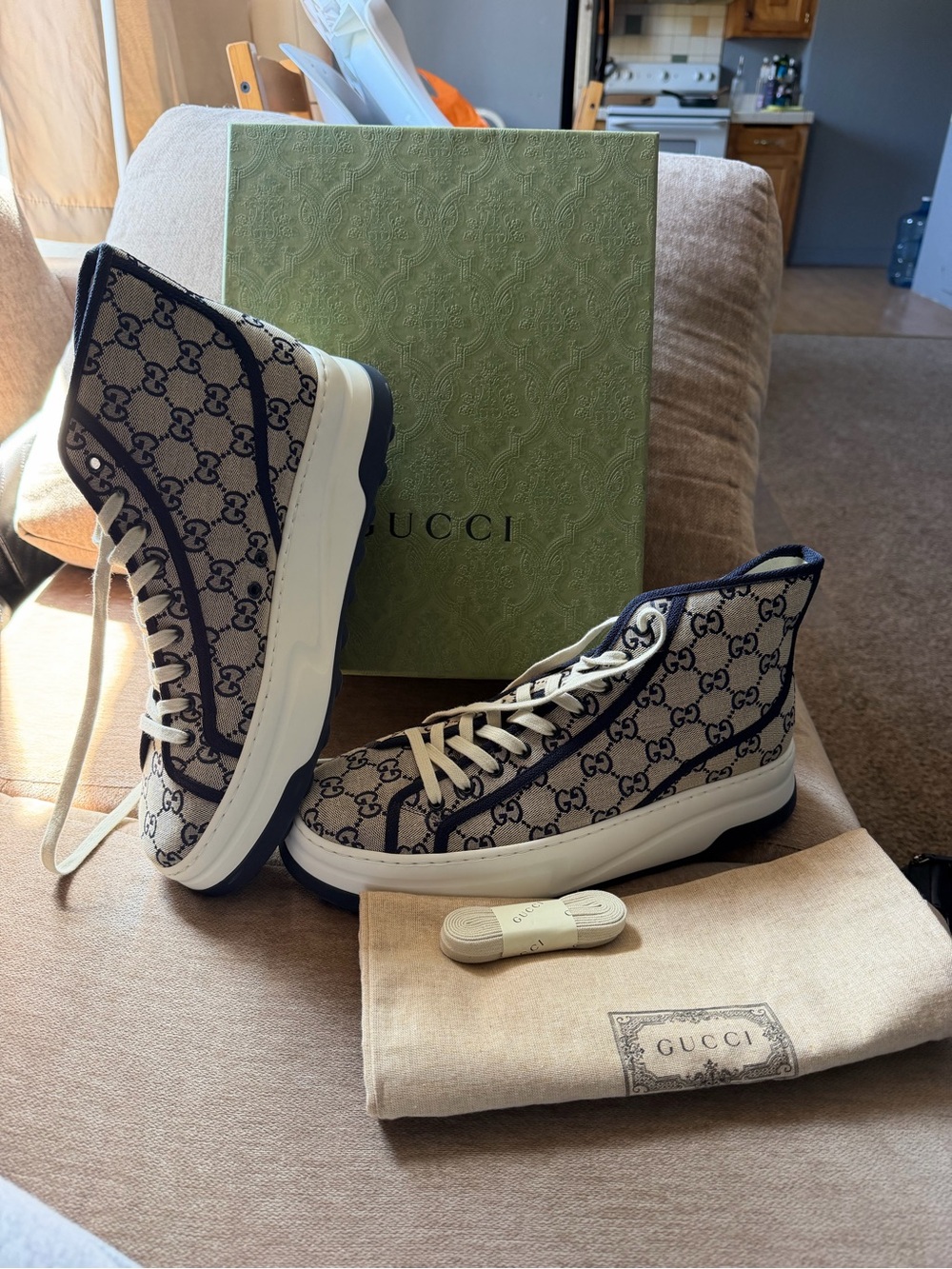Gucci Beige and Black GG Canvas High-Top Sneakers part of Tennis Club Colab